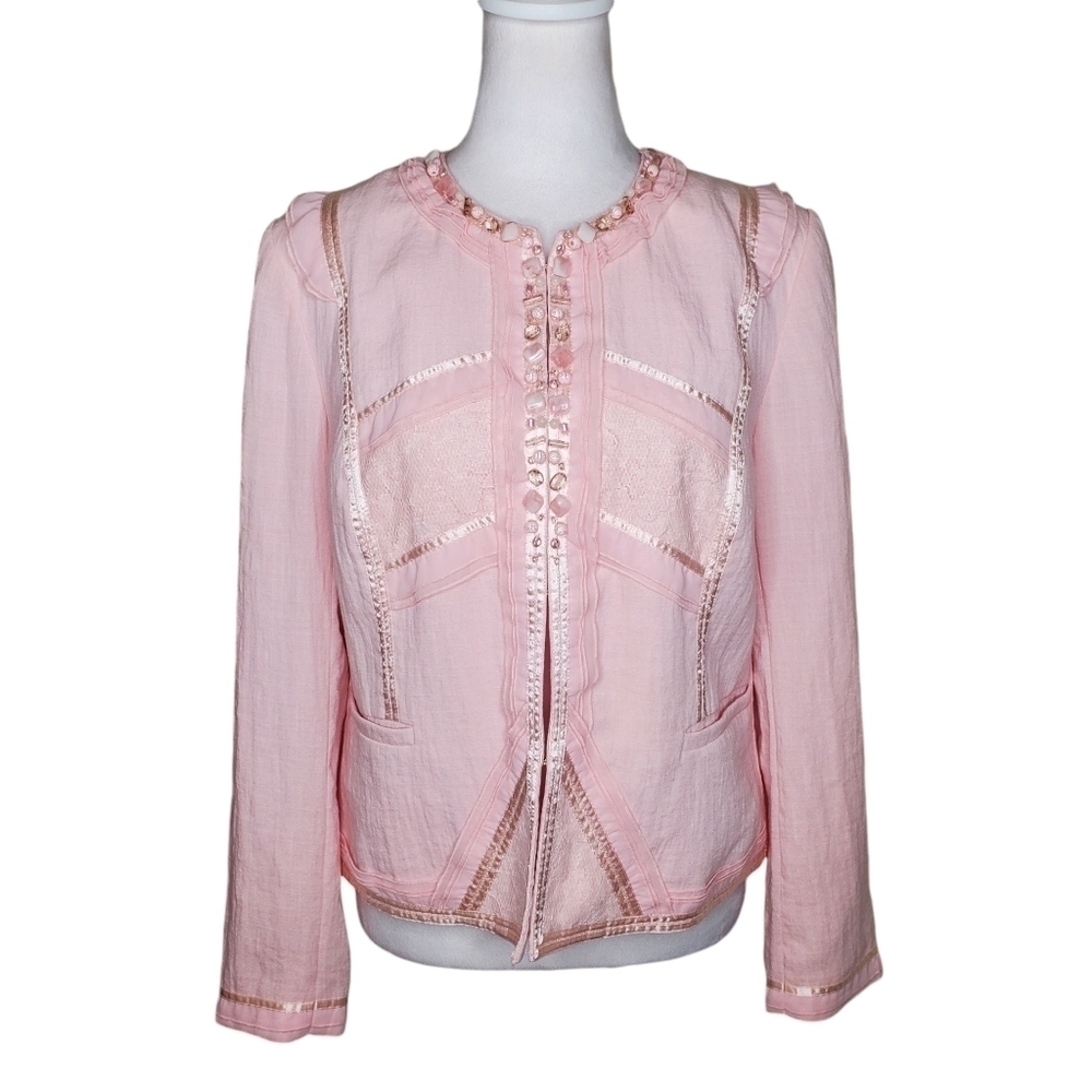 Nancy Bolen City Girl Pink Silk Jacket, Sample Piece, Stone Bead Trim Sz Medium